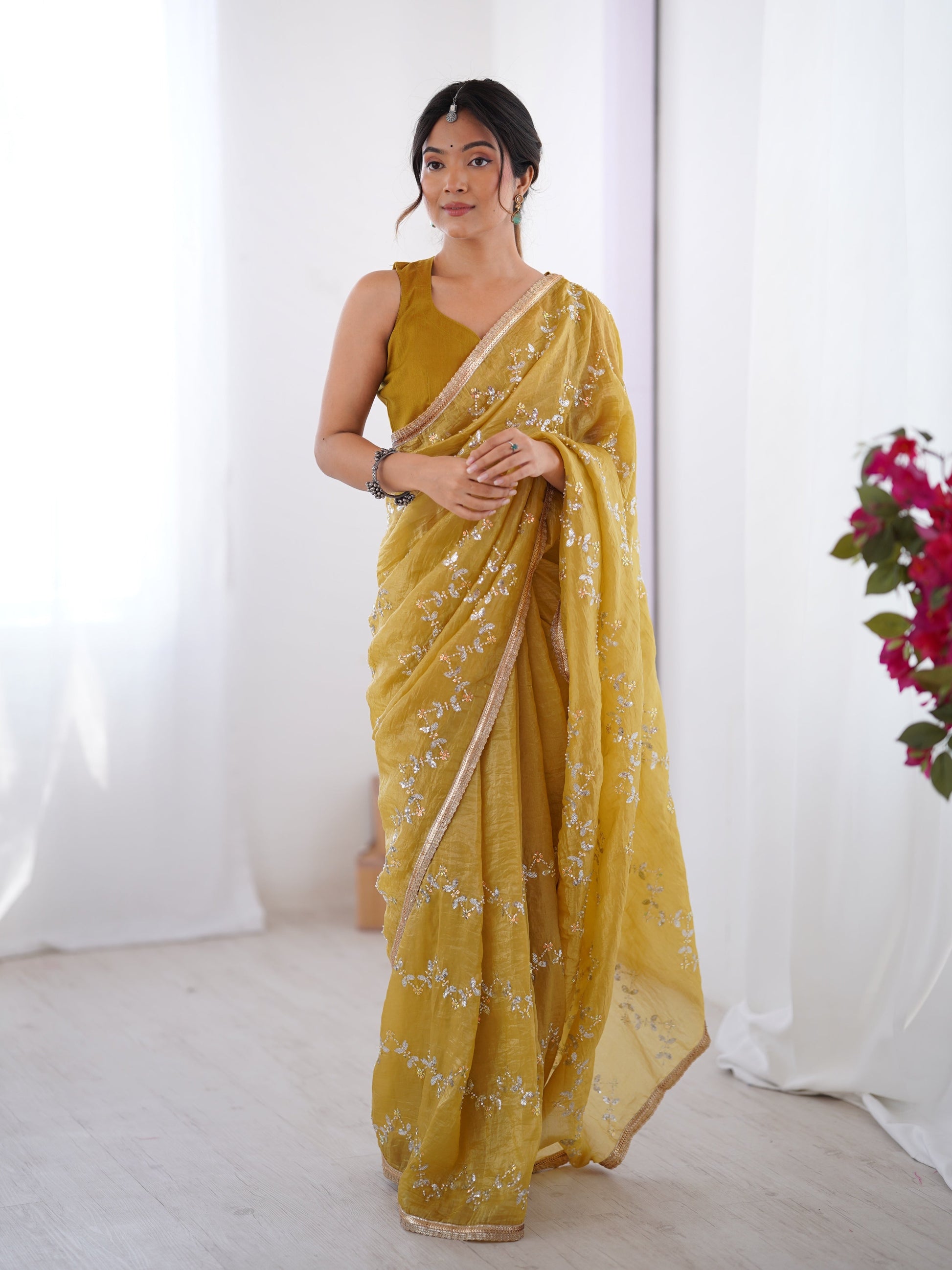 Jyoti Fashion Women's Mustard Soft Gold Crush Embroidered Designer Saree with Blouse | Swadesiicart