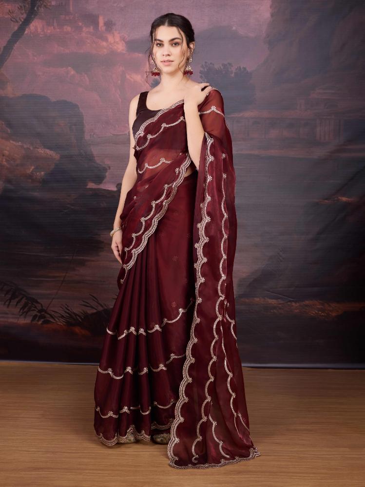 Jyoti Fashion Women's Brown Jimmy Choo Embroidered Designer Saree with Blouse | Swadesiicart