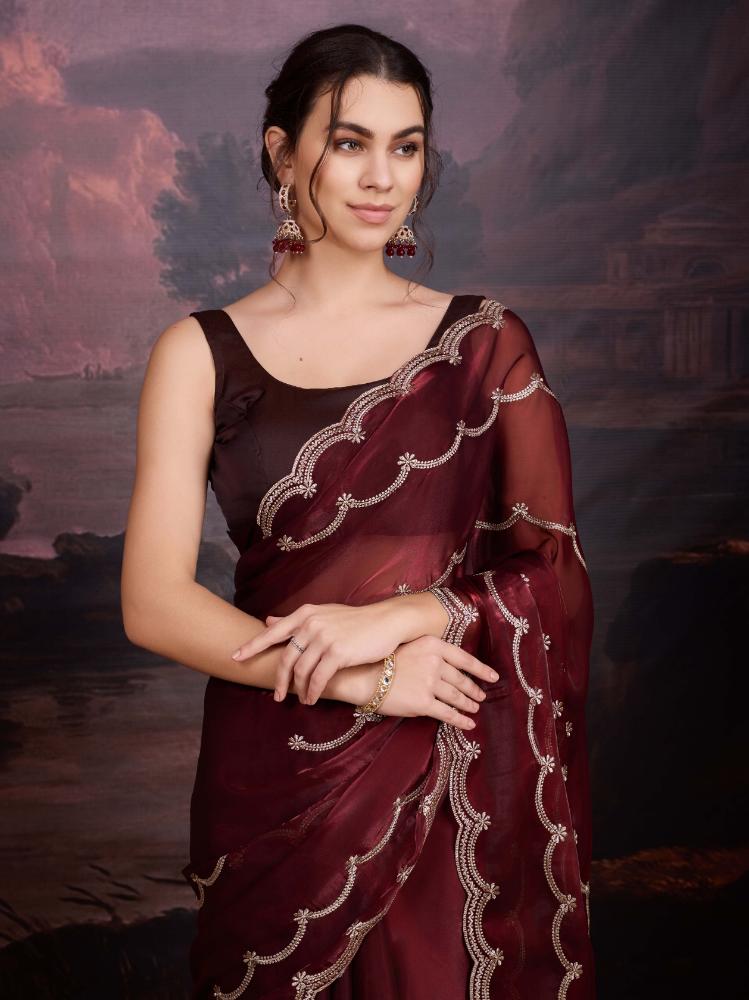 Jyoti Fashion Women's Brown Jimmy Choo Embroidered Designer Saree with Blouse | Swadesiicart