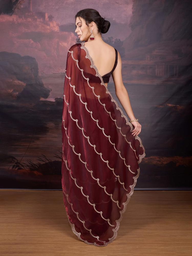 Jyoti Fashion Women's Brown Jimmy Choo Embroidered Designer Saree with Blouse | Swadesiicart