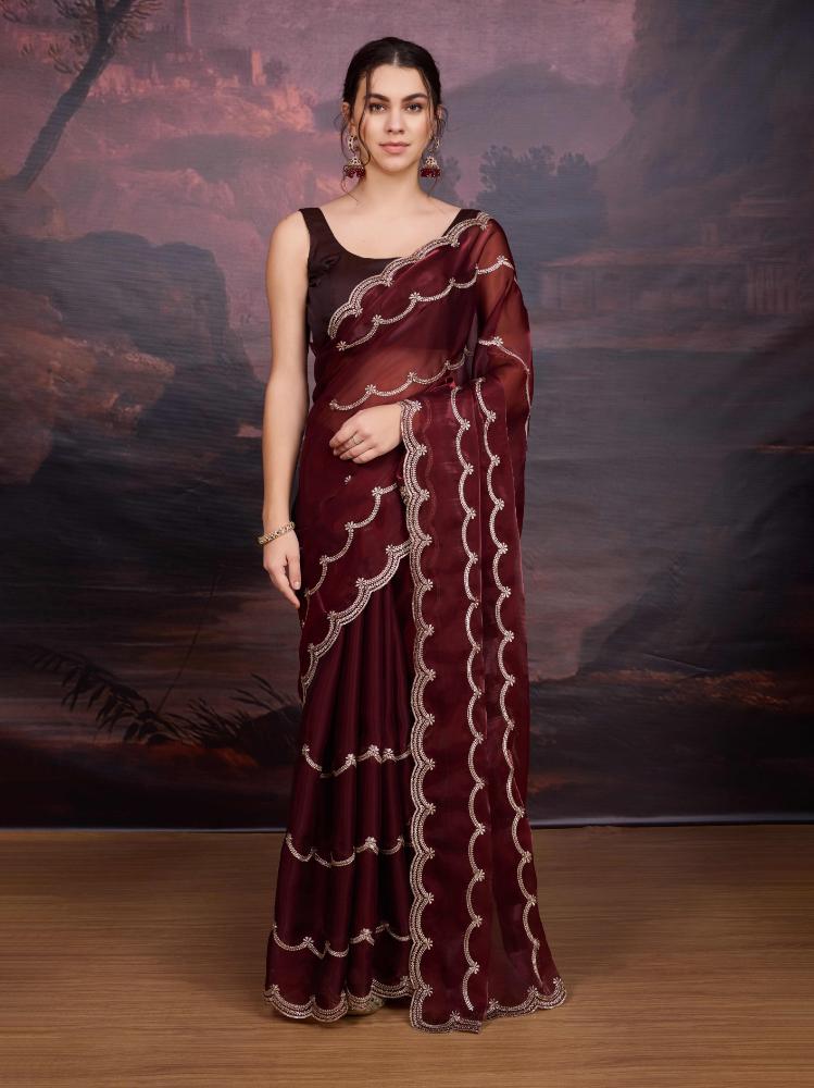 Jyoti Fashion Women's Brown Jimmy Choo Embroidered Designer Saree with Blouse | Swadesiicart