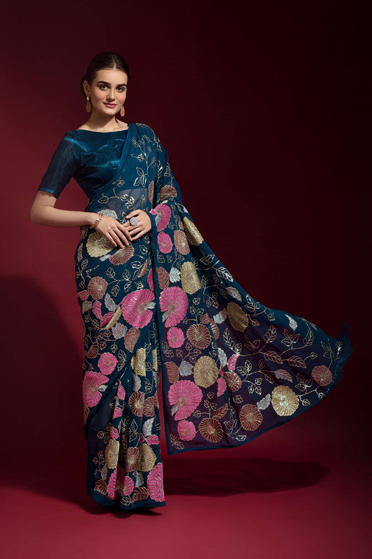 Jyoti Fashion Women's Morpich Sequence Embroidery Georgette Saree with Blouse | Swadesiicart