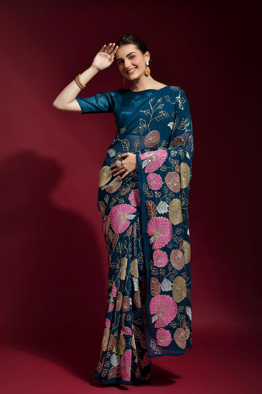 Jyoti Fashion Women's Morpich Sequence Embroidery Georgette Saree with Blouse | Swadesiicart