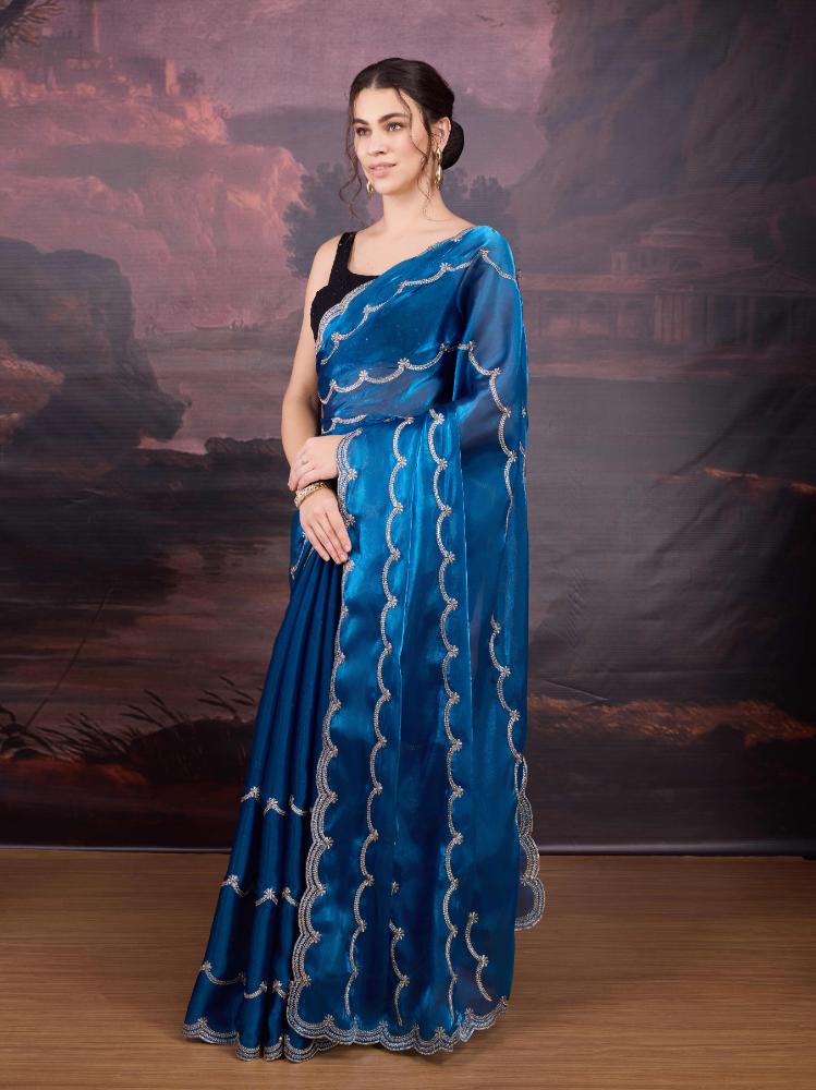 Jyoti Fashion Women's Blue Jimmy Choo Embroidered Designer Saree with Blouse | Swadesiicart