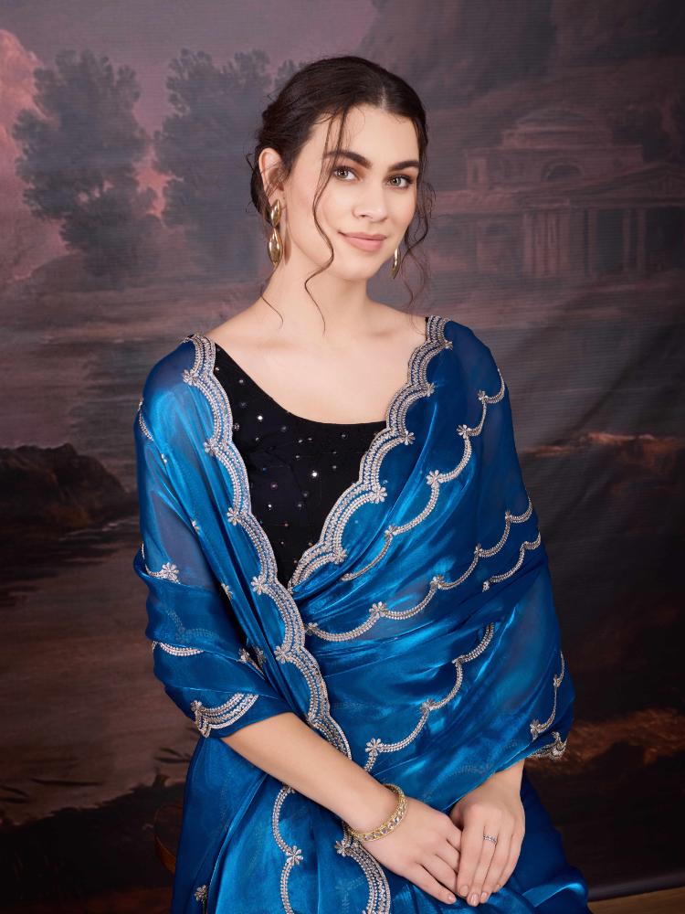 Jyoti Fashion Women's Blue Jimmy Choo Embroidered Designer Saree with Blouse | Swadesiicart