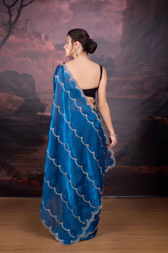 Jyoti Fashion Women's Blue Jimmy Choo Embroidered Designer Saree with Blouse | Swadesiicart