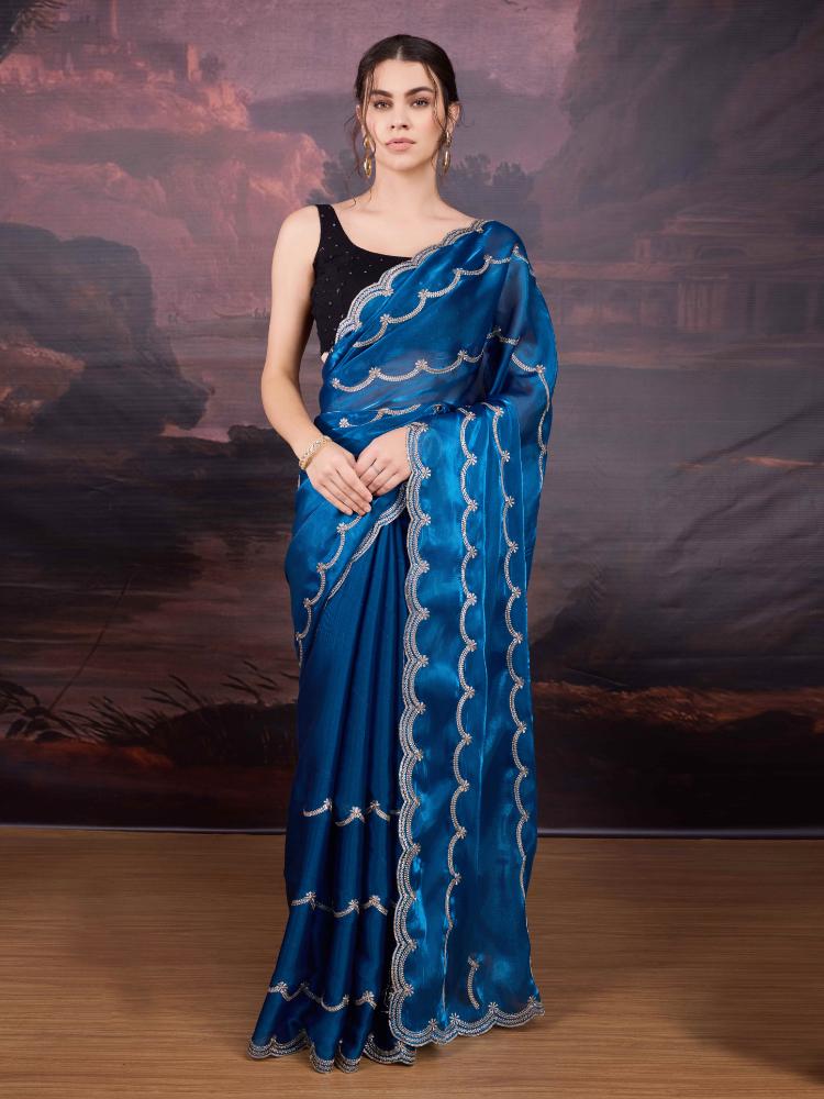 Jyoti Fashion Women's Blue Jimmy Choo Embroidered Designer Saree with Blouse | Swadesiicart