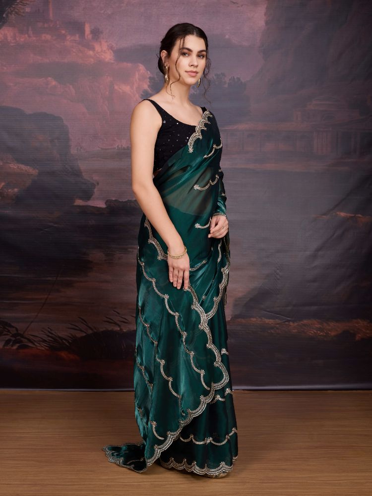 Jyoti Fashion Women's Bottle Green Jimmy Choo Embroidered Designer Saree with Blouse | Swadesiicart
