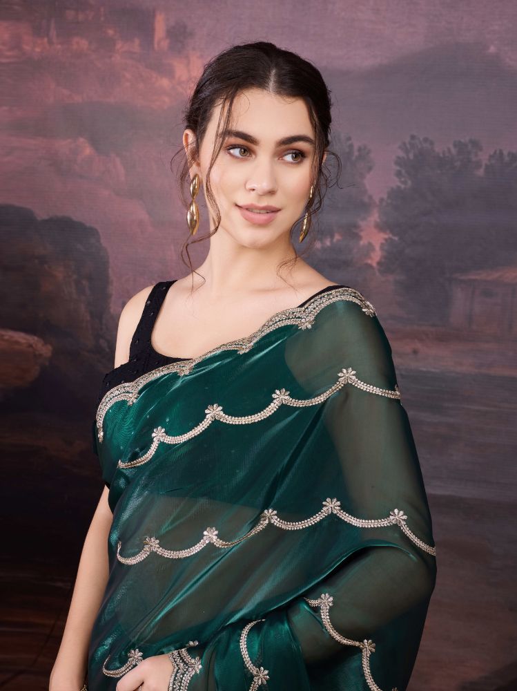 Jyoti Fashion Women's Bottle Green Jimmy Choo Embroidered Designer Saree with Blouse | Swadesiicart