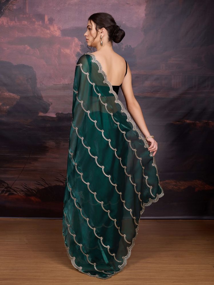 Jyoti Fashion Women's Bottle Green Jimmy Choo Embroidered Designer Saree with Blouse | Swadesiicart