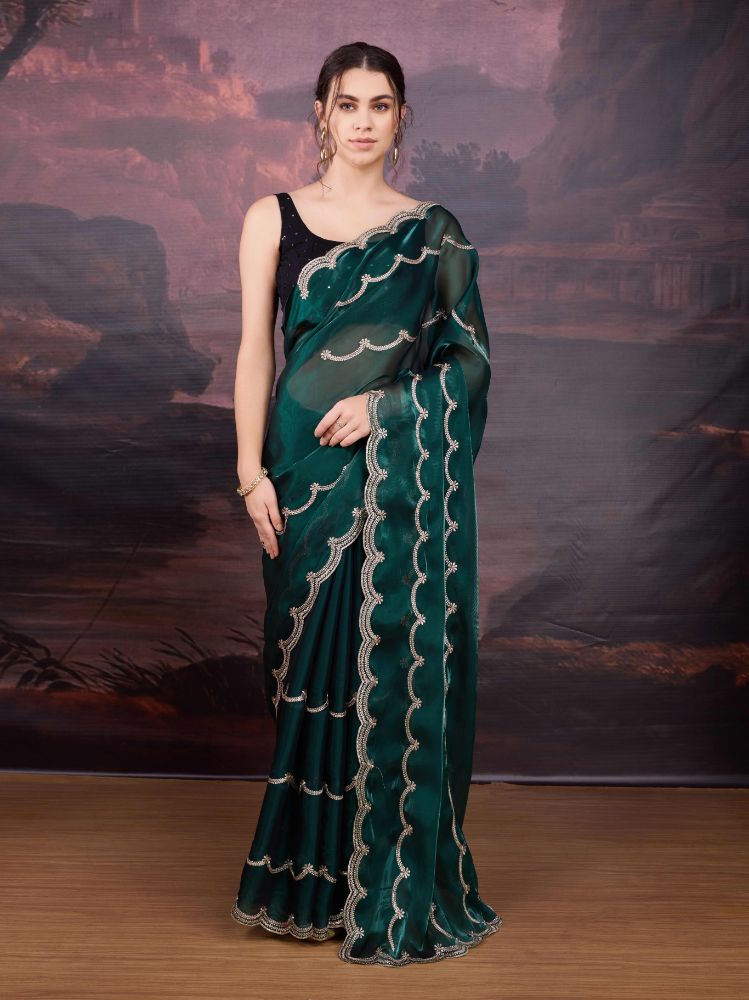 Jyoti Fashion Women's Bottle Green Jimmy Choo Embroidered Designer Saree with Blouse | Swadesiicart