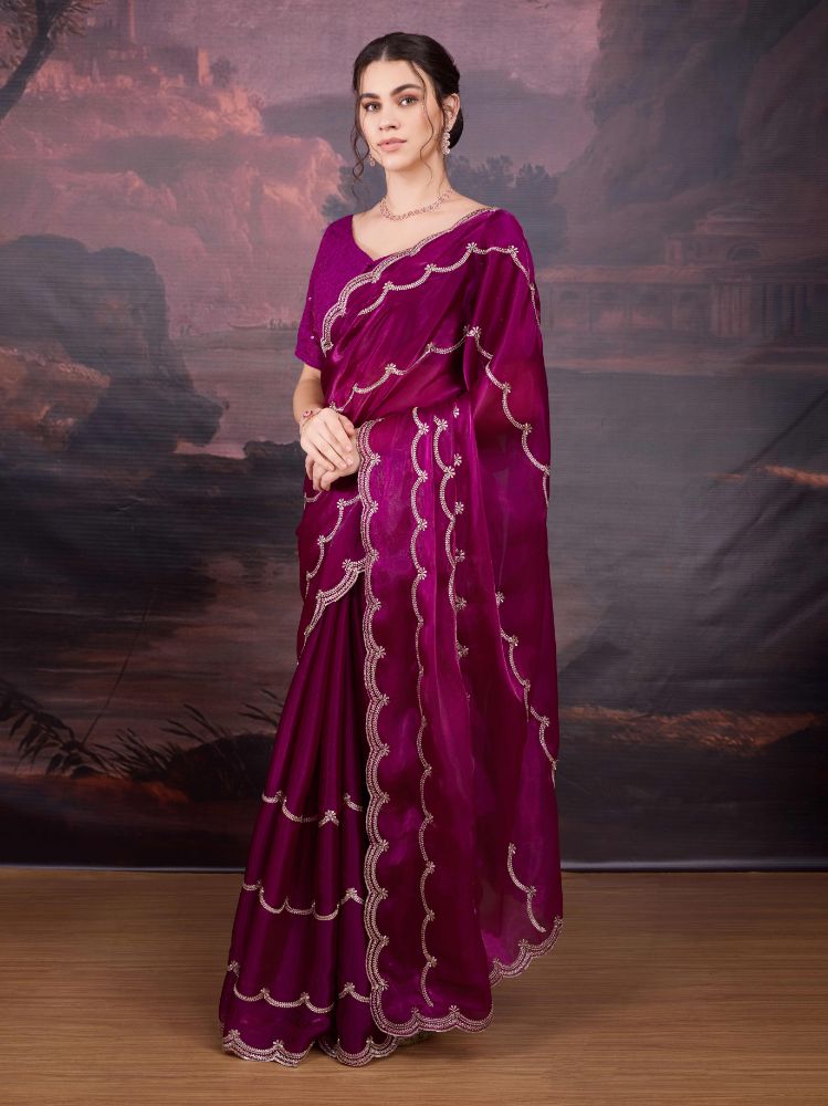 Jyoti Fashion Women's Wine Jimmy Choo Embroidered Designer Saree with Blouse | Swadesiicart