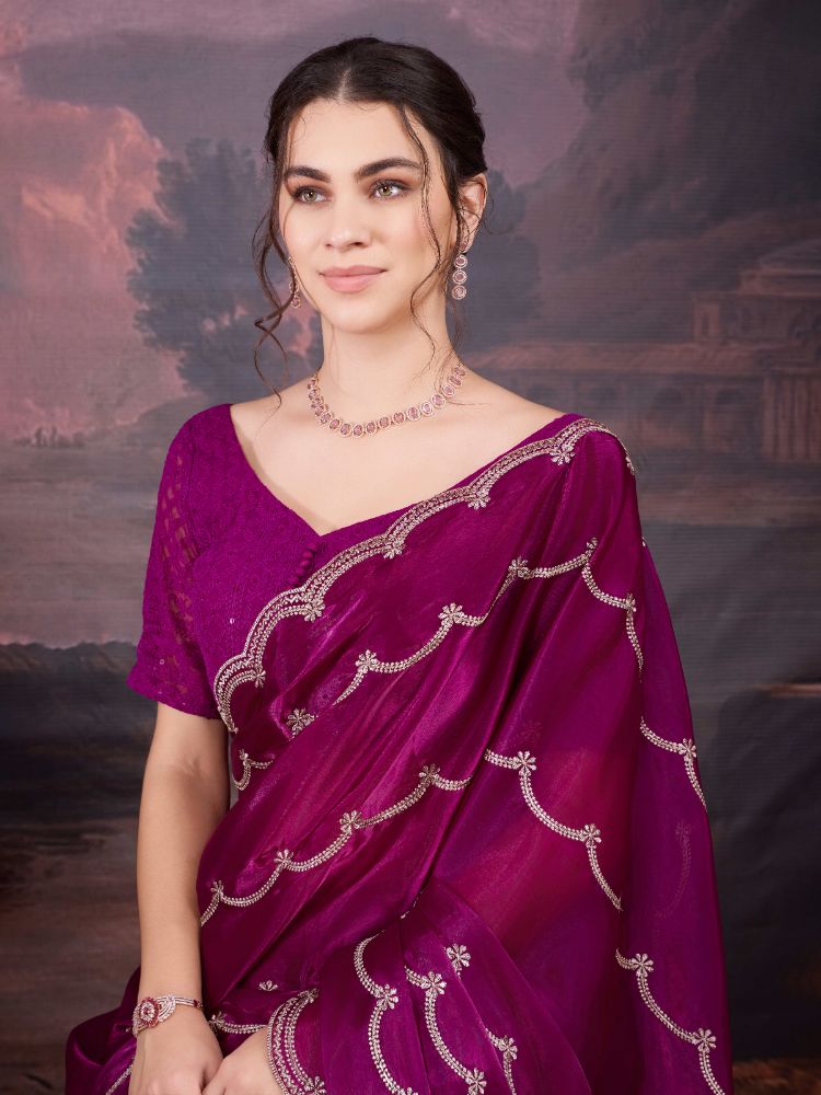 Jyoti Fashion Women's Wine Jimmy Choo Embroidered Designer Saree with Blouse | Swadesiicart