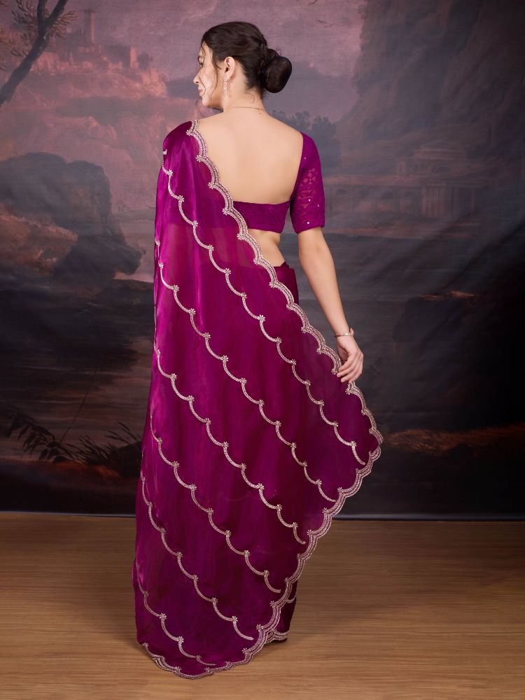 Jyoti Fashion Women's Wine Jimmy Choo Embroidered Designer Saree with Blouse | Swadesiicart