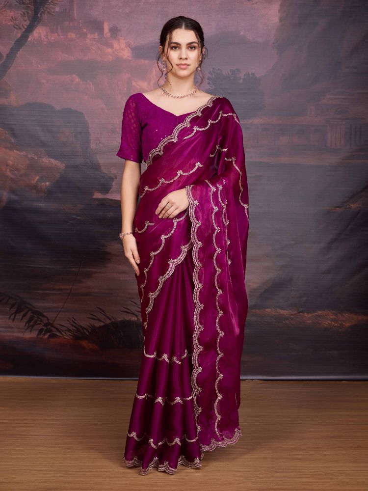 Jyoti Fashion Women's Wine Jimmy Choo Embroidered Designer Saree with Blouse | Swadesiicart