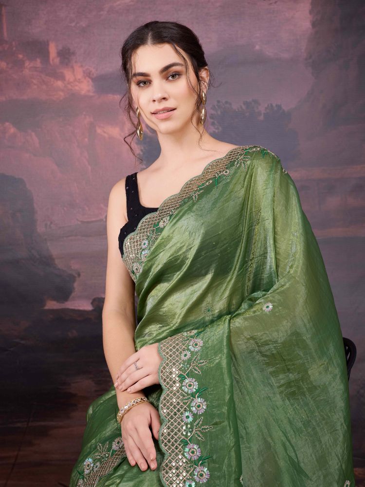 Jyoti Fashion Women's Mehendi Art Silk Sequins Embroidered Designer Saree with Blouse | Swadesiicart