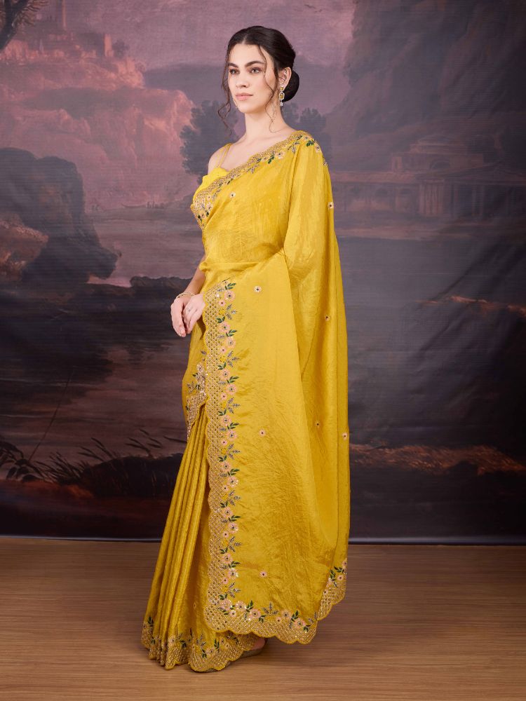 Jyoti Fashion Women's Yellow Art Silk Sequins Embroidered Designer Saree with Blouse | Swadesiicart