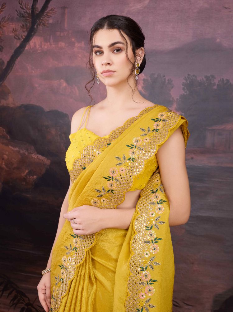 Jyoti Fashion Women's Yellow Art Silk Sequins Embroidered Designer Saree with Blouse | Swadesiicart