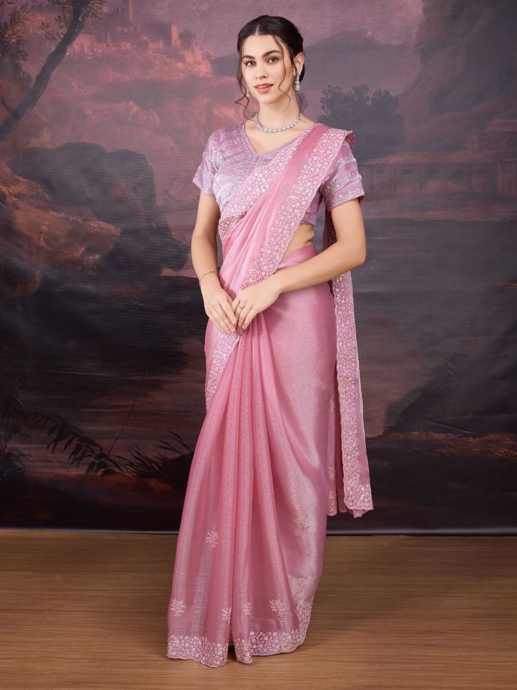 Jyoti Fashion Women's Baby Pink Jimmy Choo Sequins Embroidered Designer Saree with Blouse | Swadesiicart