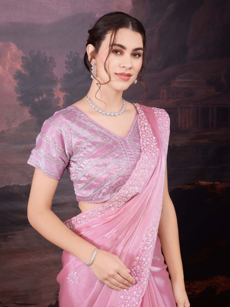 Jyoti Fashion Women's Baby Pink Jimmy Choo Sequins Embroidered Designer Saree with Blouse | Swadesiicart