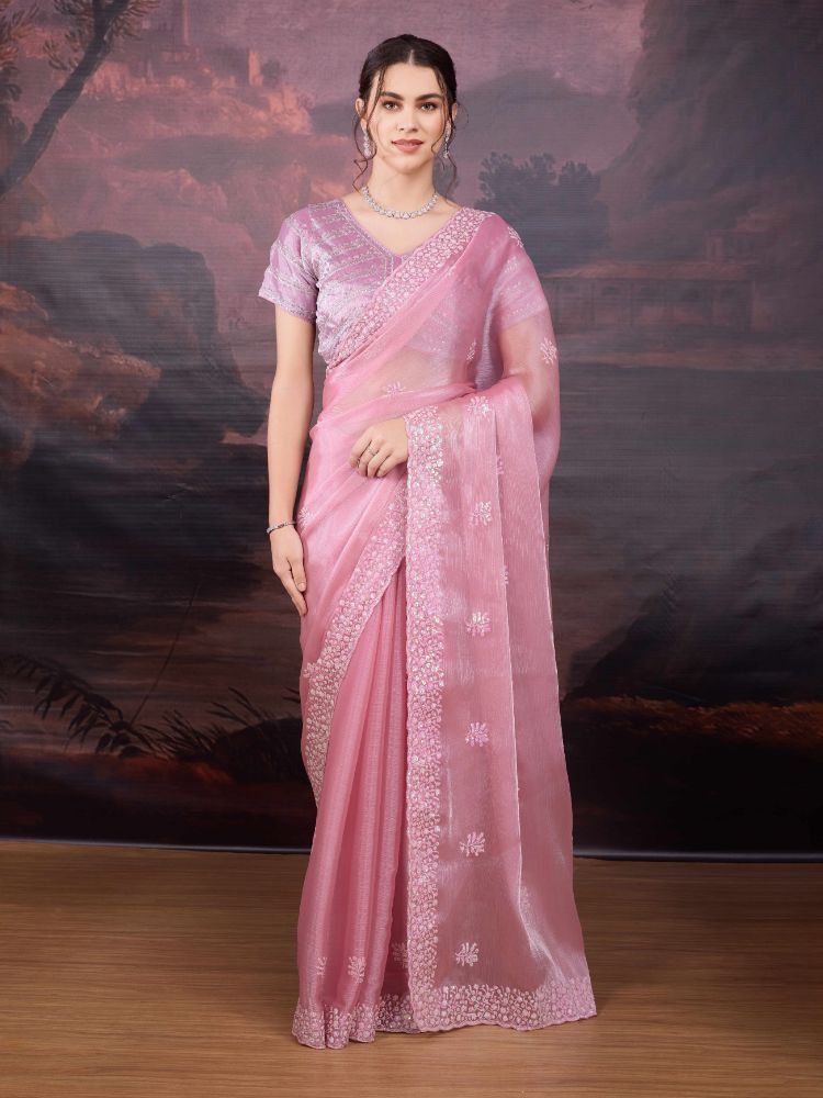 Jyoti Fashion Women's Baby Pink Jimmy Choo Sequins Embroidered Designer Saree with Blouse | Swadesiicart