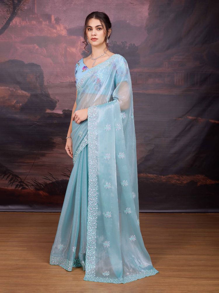 Jyoti Fashion Women's Sky Blue Jimmy Choo Sequins Embroidered Designer Saree with Blouse | Swadesiicart
