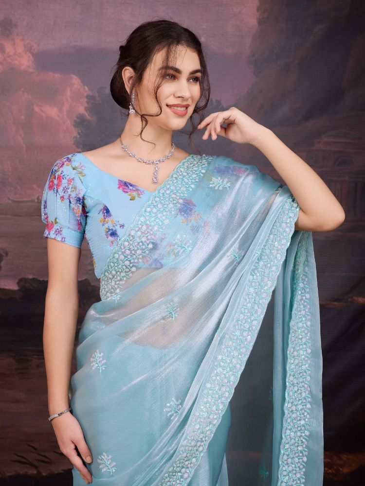 Jyoti Fashion Women's Sky Blue Jimmy Choo Sequins Embroidered Designer Saree with Blouse | Swadesiicart