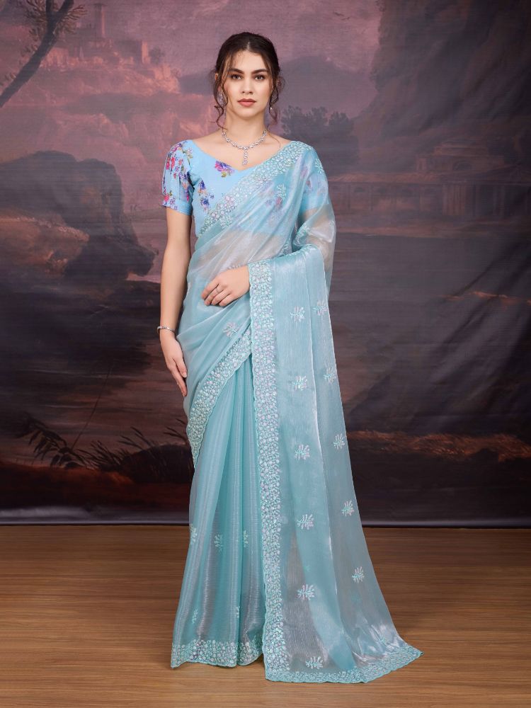 Jyoti Fashion Women's Sky Blue Jimmy Choo Sequins Embroidered Designer Saree with Blouse | Swadesiicart