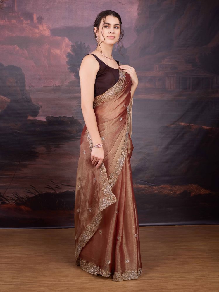 Jyoti Fashion Women's Brown Jimmy Choo Embroidered Siroski Designer Saree with Blouse | Swadesiicart