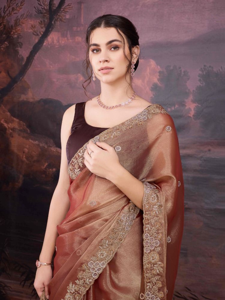 Jyoti Fashion Women's Brown Jimmy Choo Embroidered Siroski Designer Saree with Blouse | Swadesiicart