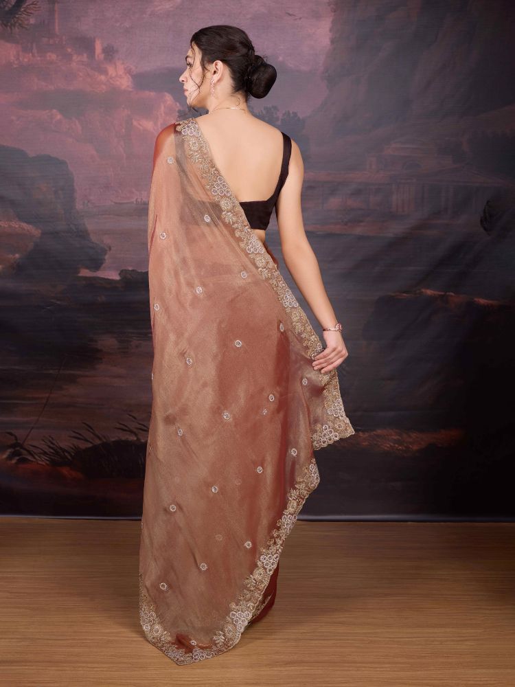 Jyoti Fashion Women's Brown Jimmy Choo Embroidered Siroski Designer Saree with Blouse | Swadesiicart