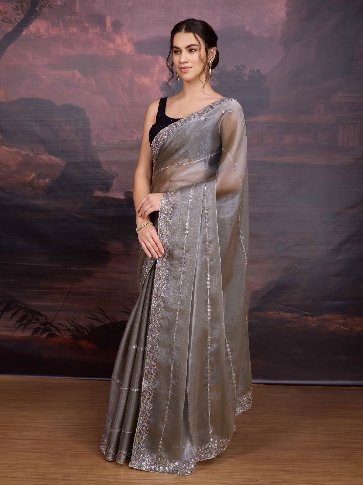 Jyoti Fashion Women's Grey Jimmy Choo Sequins Embroidered Designer Saree with Blouse | Swadesiicart