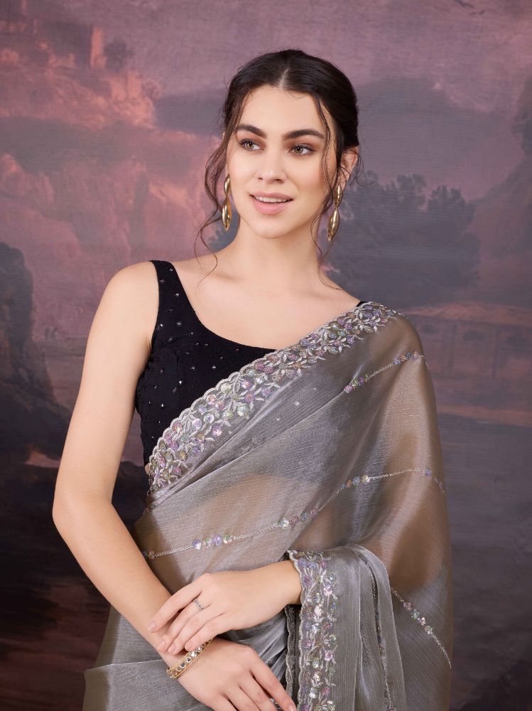Jyoti Fashion Women's Grey Jimmy Choo Sequins Embroidered Designer Saree with Blouse | Swadesiicart