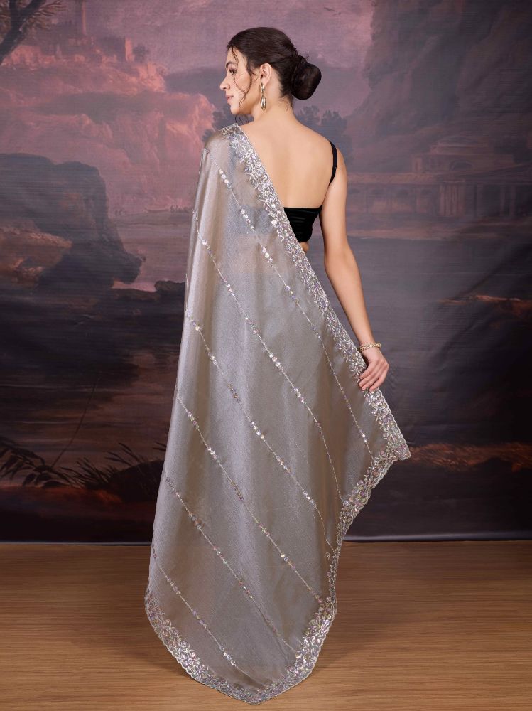 Jyoti Fashion Women's Grey Jimmy Choo Sequins Embroidered Designer Saree with Blouse | Swadesiicart