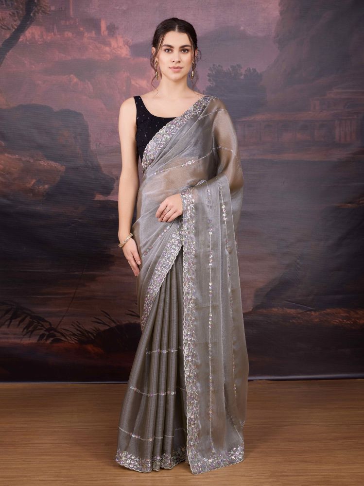 Jyoti Fashion Women's Grey Jimmy Choo Sequins Embroidered Designer Saree with Blouse | Swadesiicart