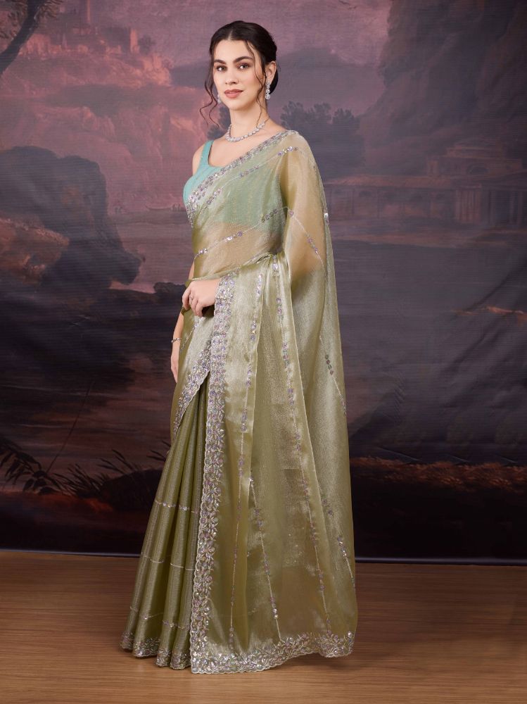 Jyoti Fashion Women's Sea Green Jimmy Choo Sequins Embroidered Designer Saree with Blouse | Swadesiicart