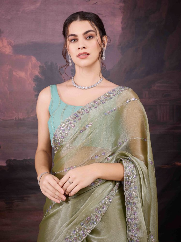 Jyoti Fashion Women's Sea Green Jimmy Choo Sequins Embroidered Designer Saree with Blouse | Swadesiicart