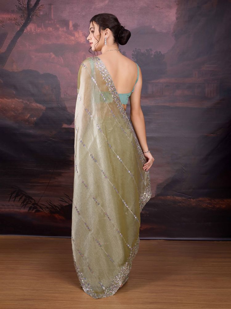 Jyoti Fashion Women's Sea Green Jimmy Choo Sequins Embroidered Designer Saree with Blouse | Swadesiicart