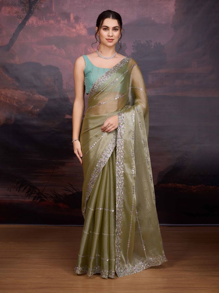 Jyoti Fashion Women's Sea Green Jimmy Choo Sequins Embroidered Designer Saree with Blouse | Swadesiicart