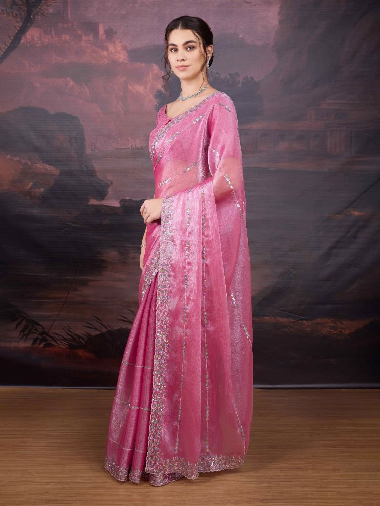 Jyoti Fashion Women's Pink Jimmy Choo Sequins Embroidered Designer Saree with Blouse | Swadesiicart