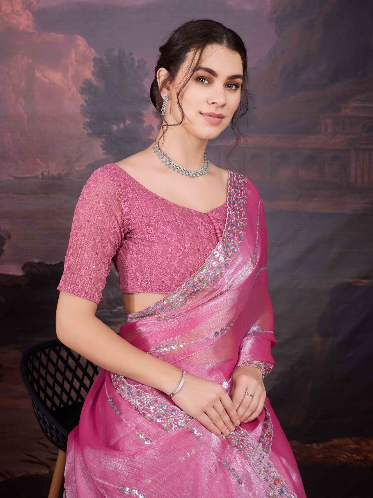 Jyoti Fashion Women's Pink Jimmy Choo Sequins Embroidered Designer Saree with Blouse | Swadesiicart
