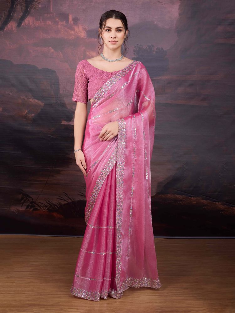Jyoti Fashion Women's Pink Jimmy Choo Sequins Embroidered Designer Saree with Blouse | Swadesiicart