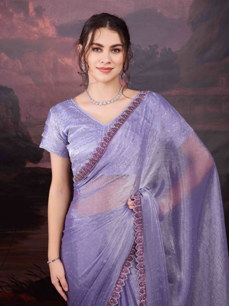 Jyoti Fashion Women's Light Purple Jimmy Choo Heavy Beads Work Designer Saree with Blouse | Swadesiicart