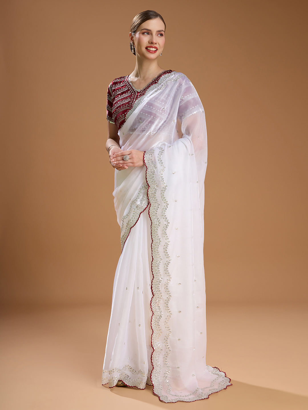 Jyoti Fashion Women's White Jimmy Choo Sequins Embroidered Designer Saree with Blouse | Swadesiicart