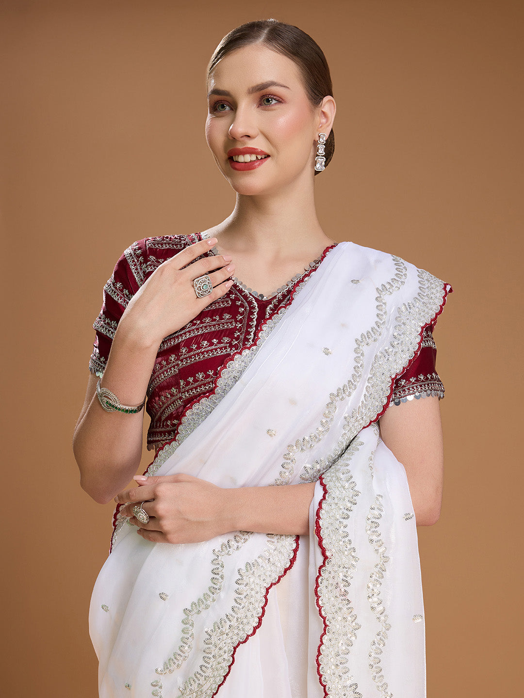 Jyoti Fashion Women's White Jimmy Choo Sequins Embroidered Designer Saree with Blouse | Swadesiicart