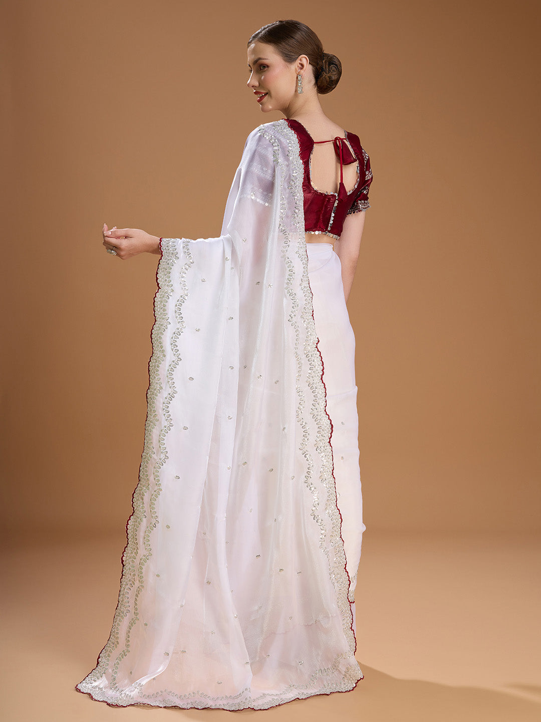 Jyoti Fashion Women's White Jimmy Choo Sequins Embroidered Designer Saree with Blouse | Swadesiicart