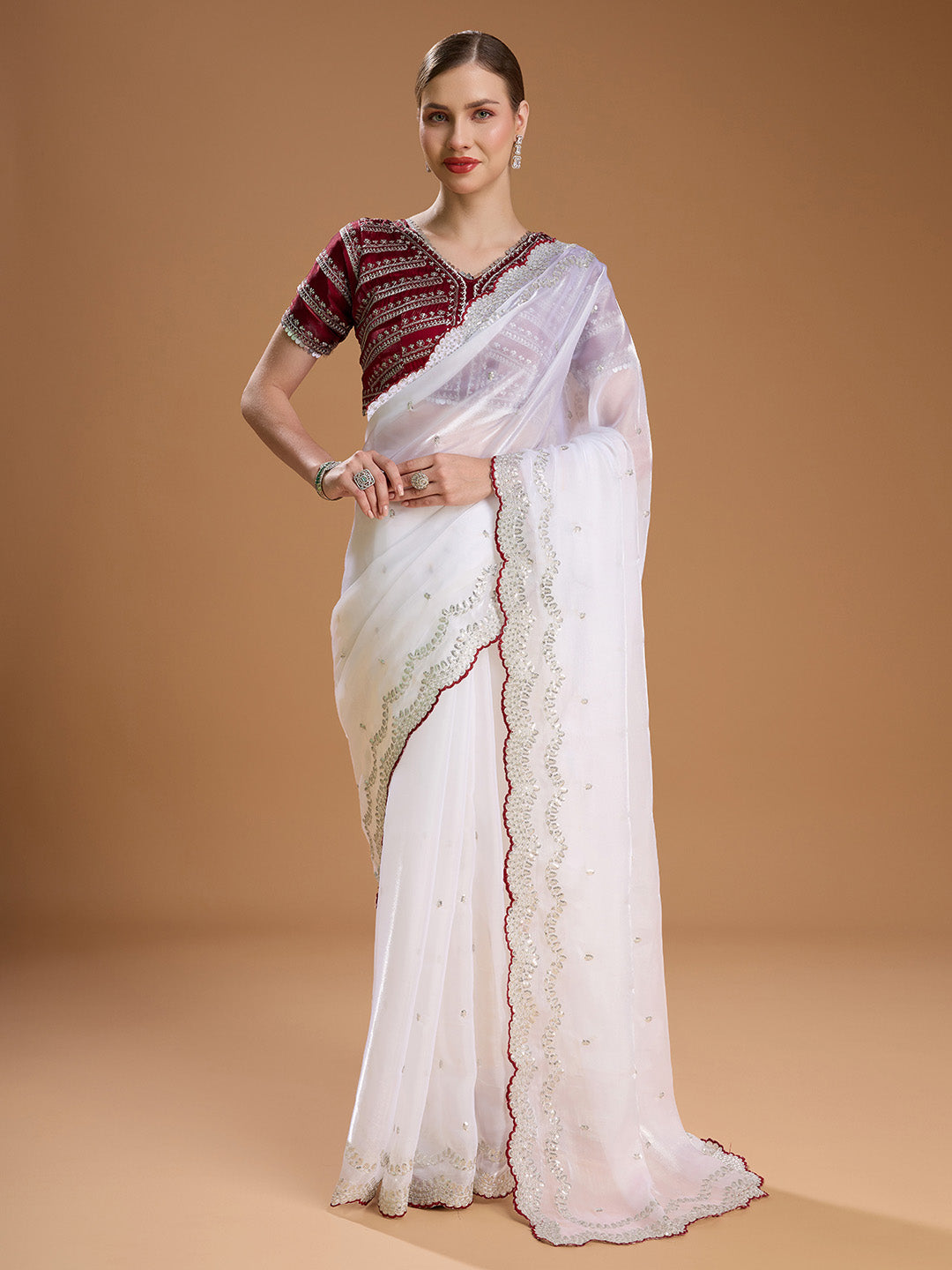 Jyoti Fashion Women's White Jimmy Choo Sequins Embroidered Designer Saree with Blouse | Swadesiicart