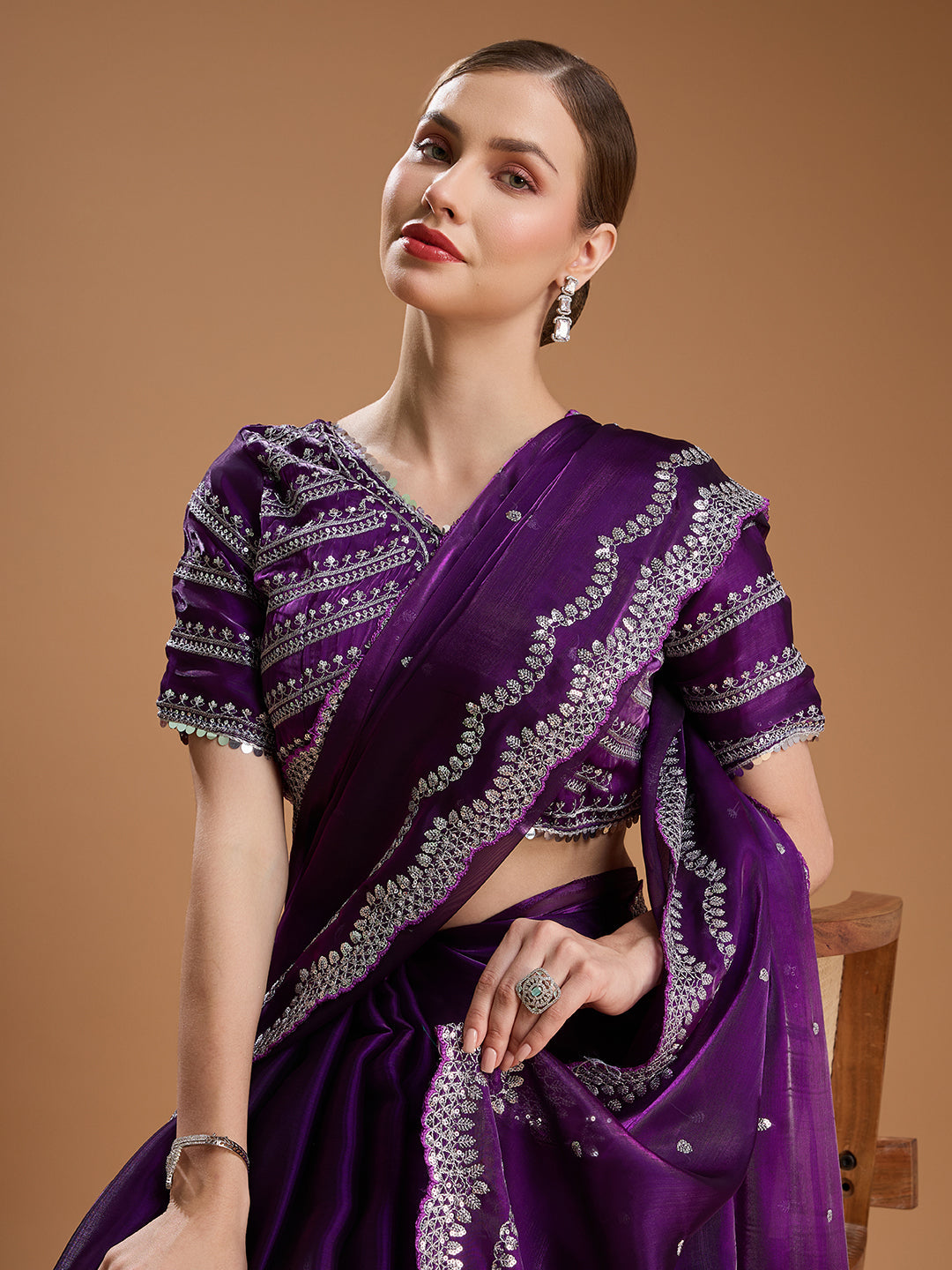 Jyoti Fashion Women's Purple Jimmy Choo Sequins Embroidered Designer Saree with Blouse | Swadesiicart