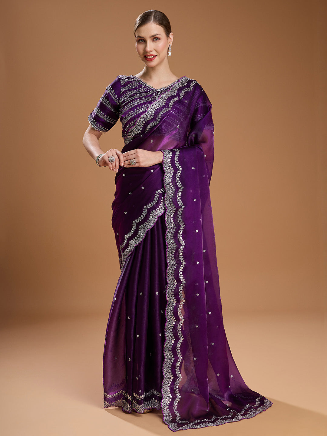 Jyoti Fashion Women's Purple Jimmy Choo Sequins Embroidered Designer Saree with Blouse | Swadesiicart