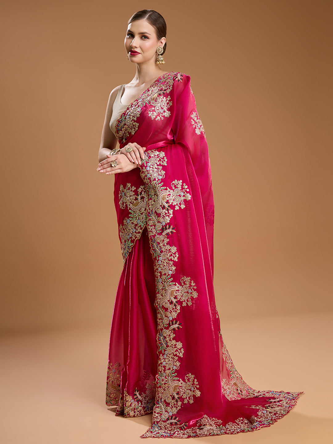 Jyoti Fashion Women's Rani Pink Jimmy Choo Embroidered & Coding Designer Saree with Blouse | Swadesiicart